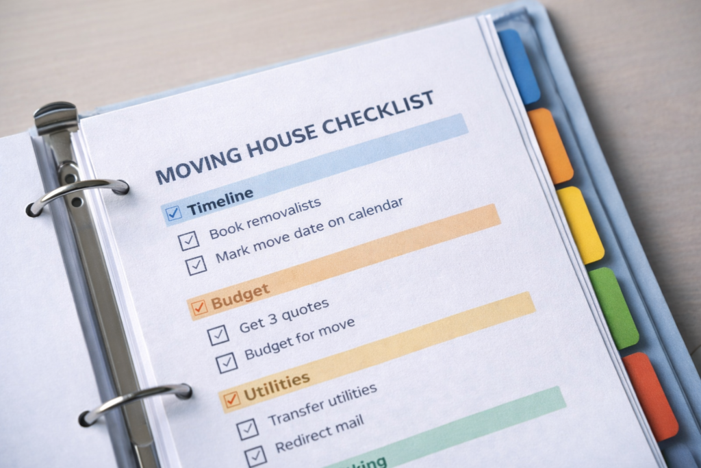 Moving house checklist by Six Brothers Removalists showing a binder with colour-coded tabs for an organised Sydney move