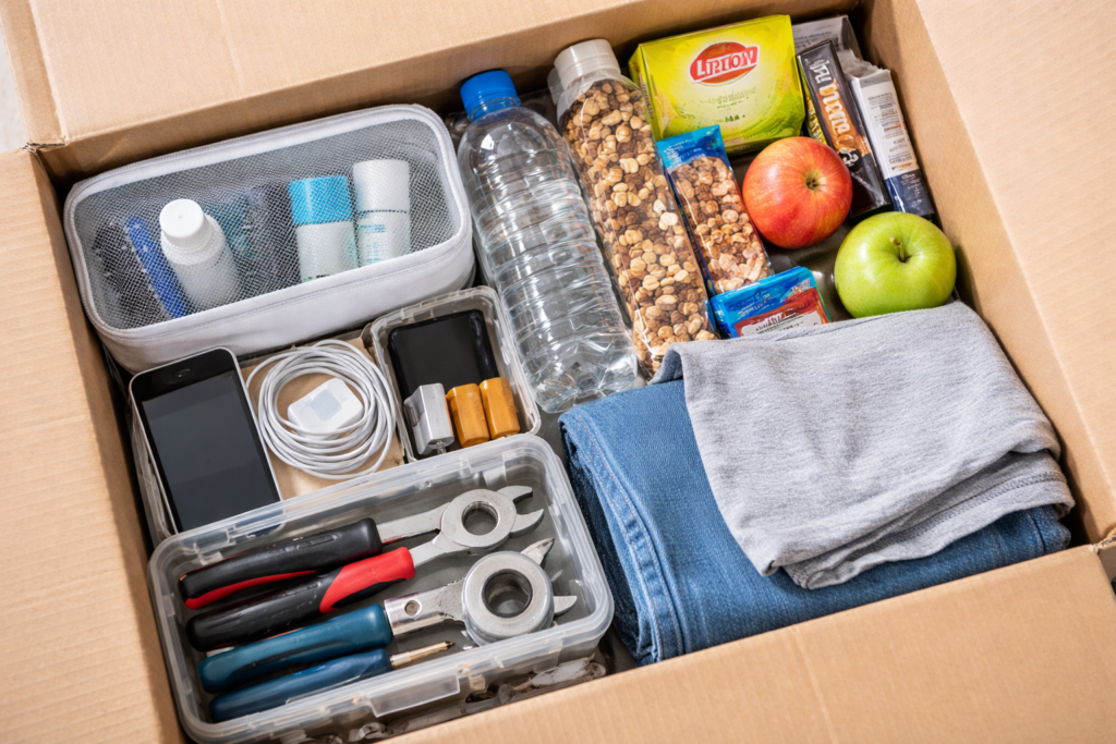 First-day essentials box packed with toiletries, chargers, snacks, and basic tools