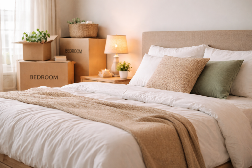 Moving house checklist image by Six Brothers Removalists showing a freshly made bed and unpacked boxes in a new room