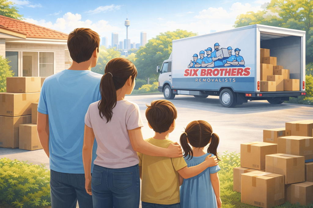 Moving house with kids in Sydney cover image by Six Brothers Removalists with family, boxes, and truck