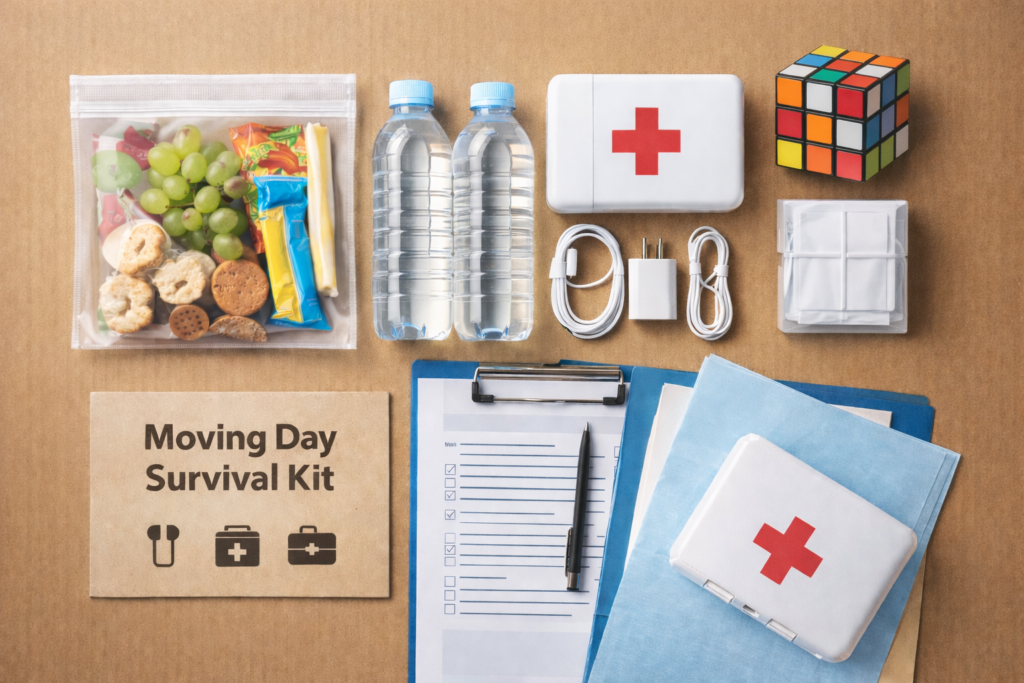 Moving day survival kit image by Six Brothers Removalists with snacks, water, chargers, first aid, and documents