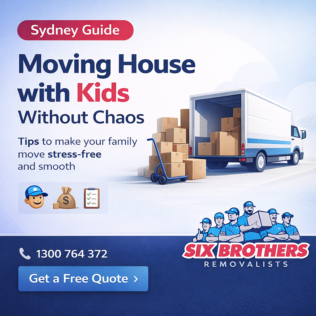 Moving house with kids in Sydney featured image by Six Brothers Removalists with truck and boxes