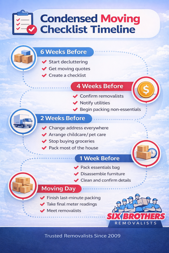 Moving house checklist timeline by Six Brothers Removalists showing 6 weeks to moving day steps
