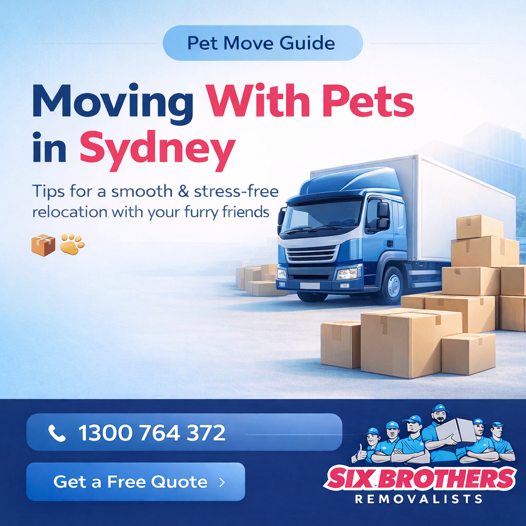 Moving with pets in Sydney featured image by Six Brothers Removalists with truck, boxes and quote CTA.