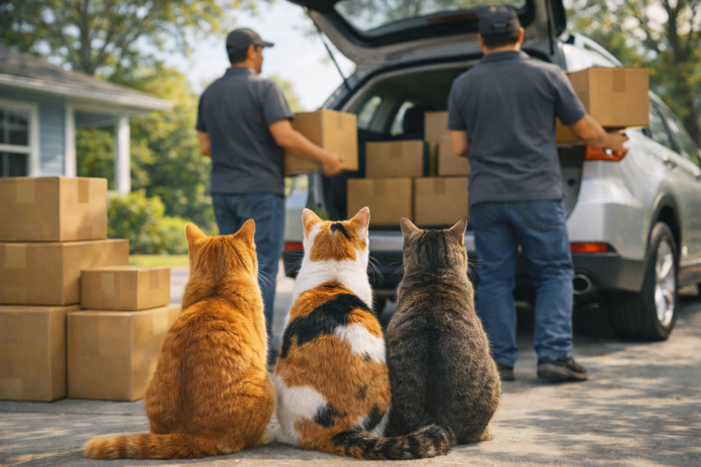 Moving with pets in Sydney image by Six Brothers Removalists showing three cats from behind near moving boxes.