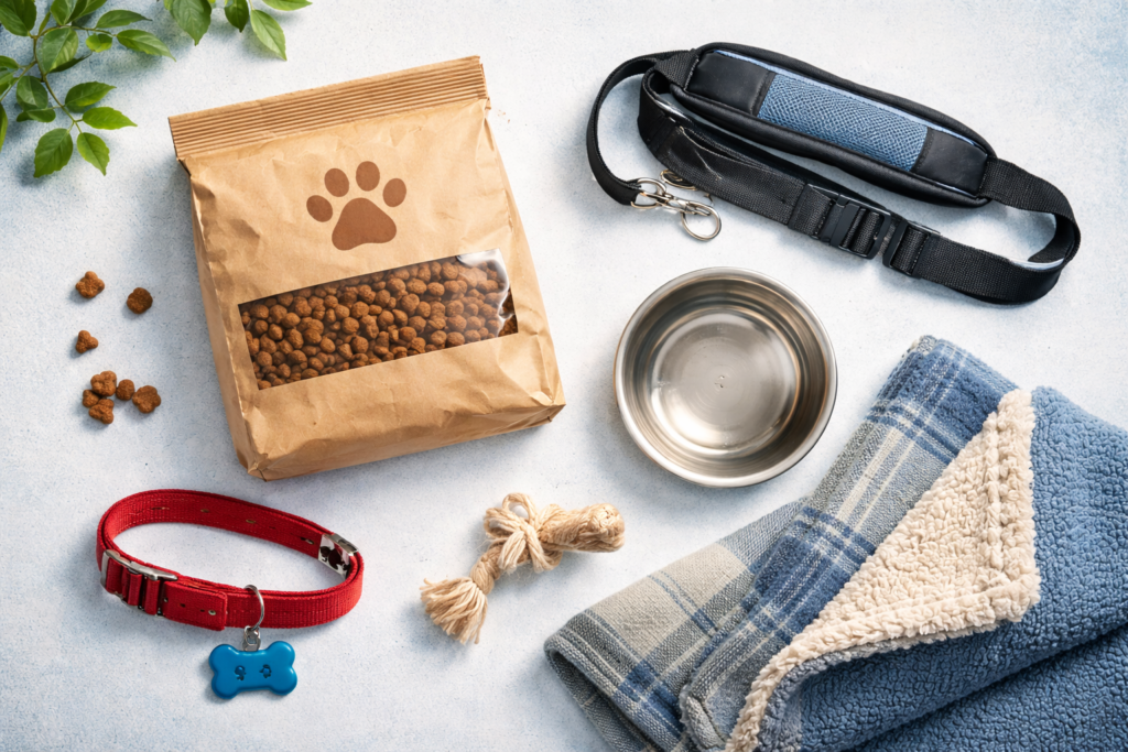 Pet essentials for moving house image by Six Brothers Removalists showing collar, bowl, blanket and carrier strap.