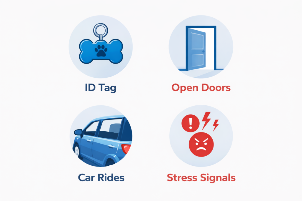 Pet moving checklist infographic by Six Brothers Removalists with ID tag, open door, car rides and stress signals.