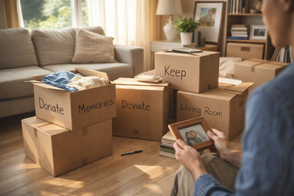 Person decluttering before moving house with labelled boxes in a sunlit room for Six Brothers Removalists