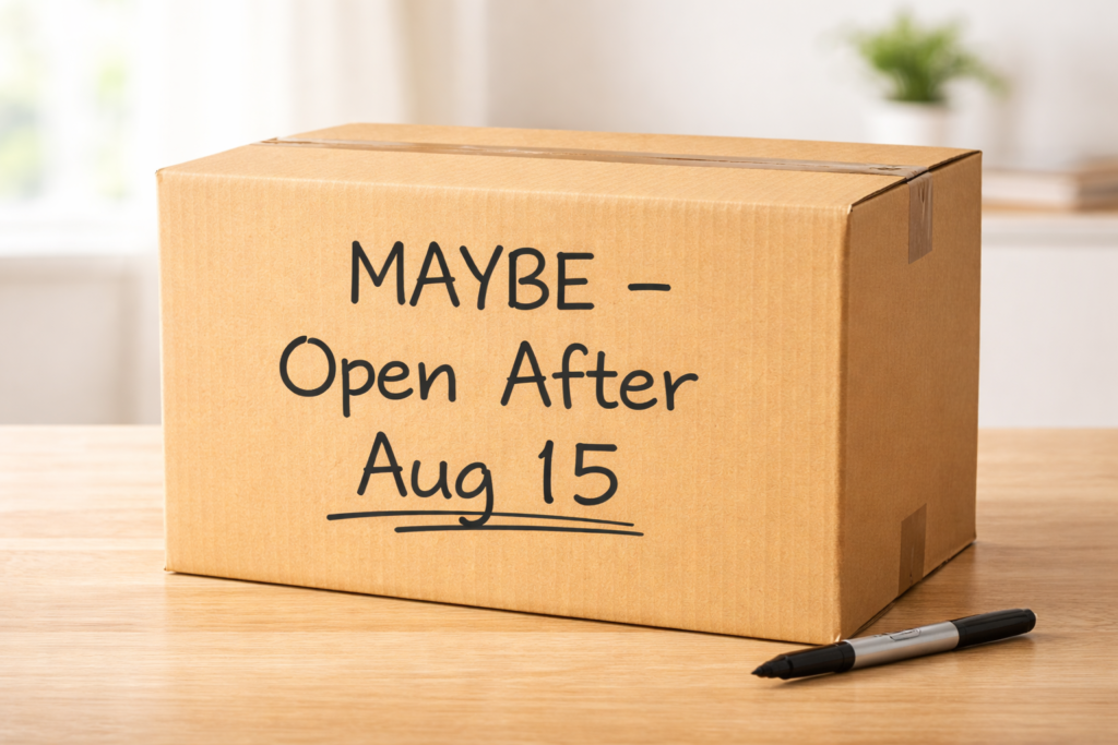 Maybe box for decluttering before moving house with open after date by Six Brothers Removalists