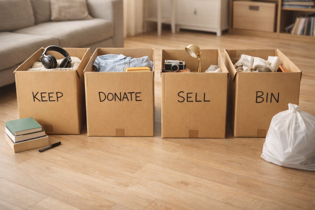 Decluttering before moving house with KEEP DONATE SELL BIN boxes by Six Brothers Removalists