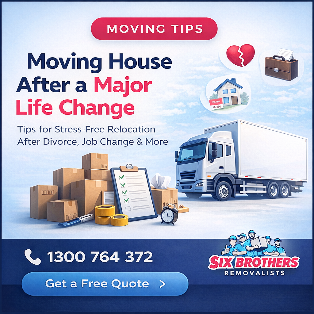 Moving house after a major life change featured image by Six Brothers Removalists with truck, boxes, and CTA
