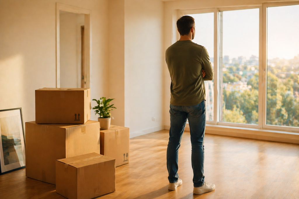 Moving house after a major life change image by Six Brothers Removalists with man and moving boxes