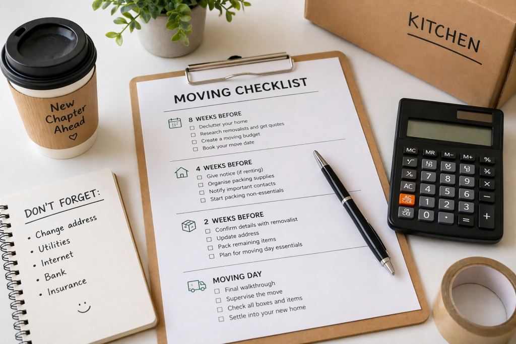 Moving house checklist planning image by Six Brothers Removalists with checklist, calculator, coffee cup, and pen