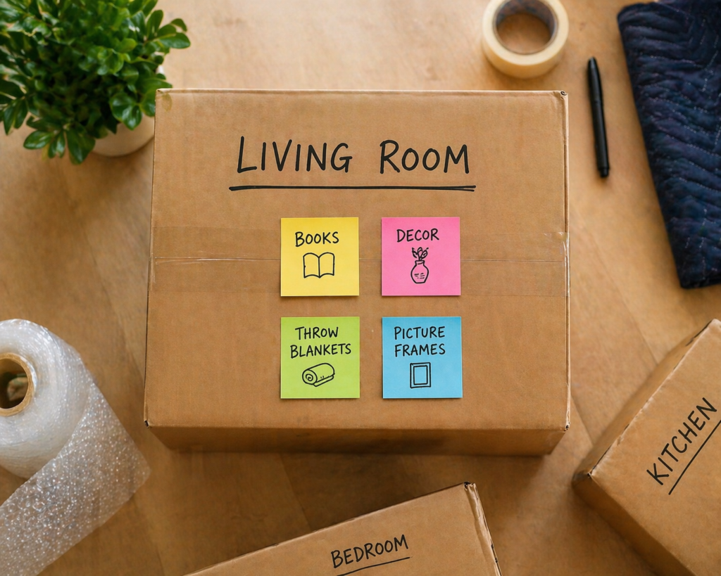 Labelled moving box organisation image by Six Brothers Removalists with sticky notes, packing labels, and clean setup
