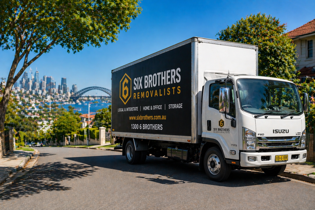 Sydney removalist truck image by Six Brothers Removalists on a sunny local street with branded vehicle