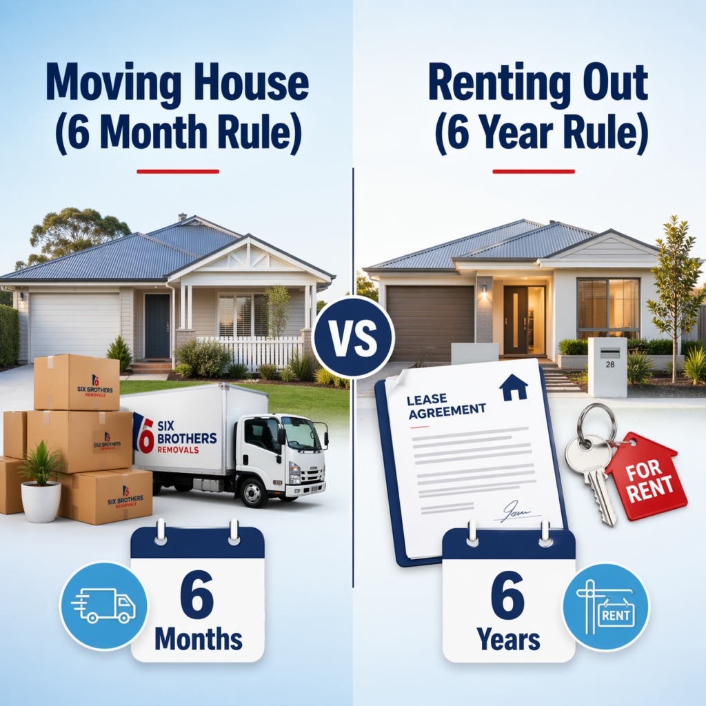 6 month rule for property comparison graphic showing moving house vs renting out by Six Brothers Removalists