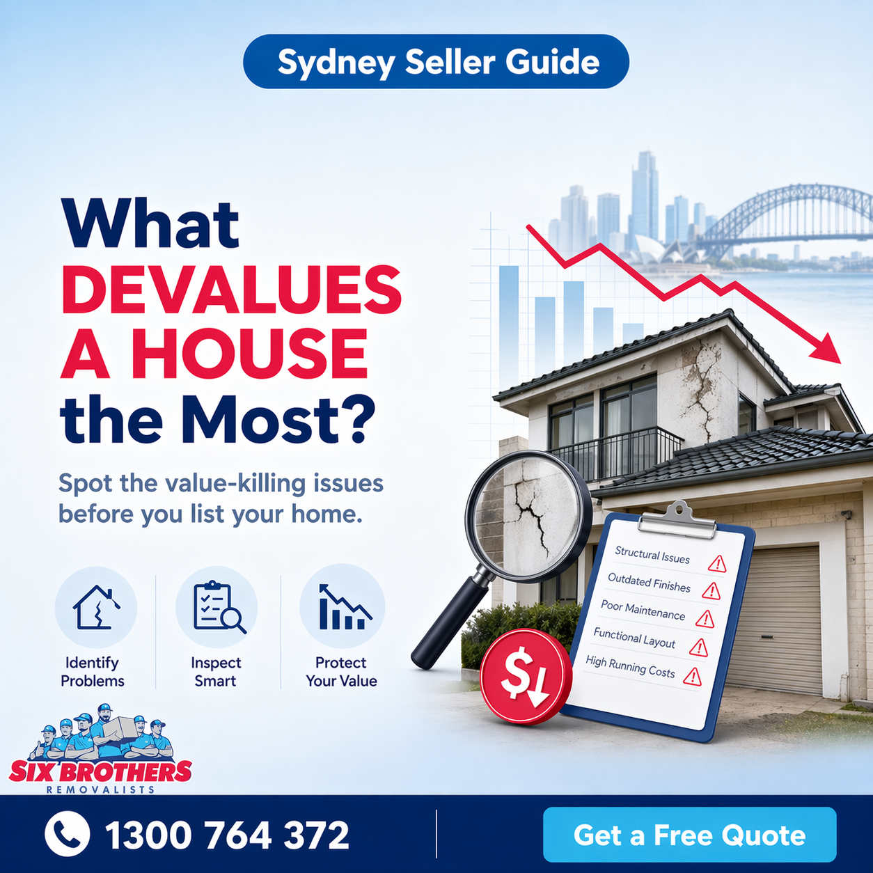 What devalues a house graphic by Six Brothers Removalists showing value-loss risks before selling in Sydney