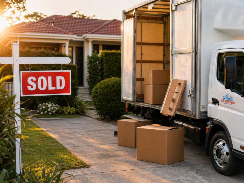 Six Brothers Removalists cover image with sold sign and moving truck for sell before or after moving house in Sydney.