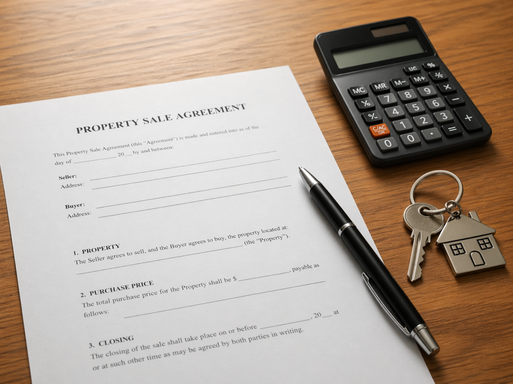 Six Brothers Removalists section image for sell before or after moving house in Sydney with contract, keys, pen and calculator.