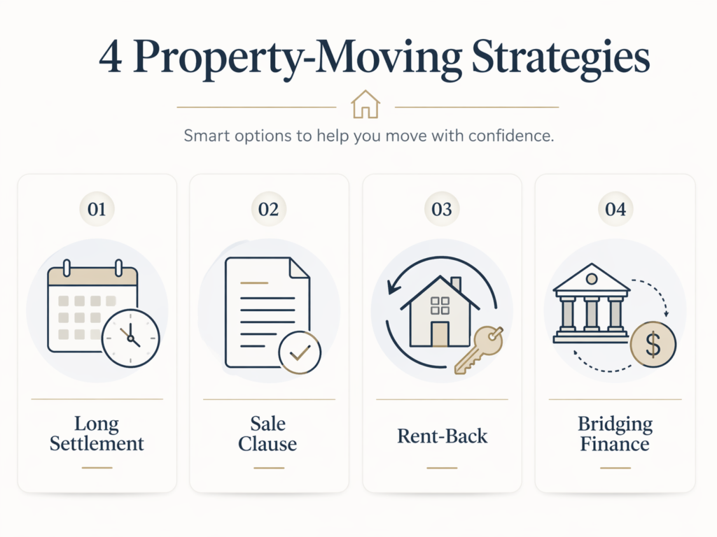 Six Brothers Removalists strategy graphic for sell before or after moving house in Sydney with four planning icons.