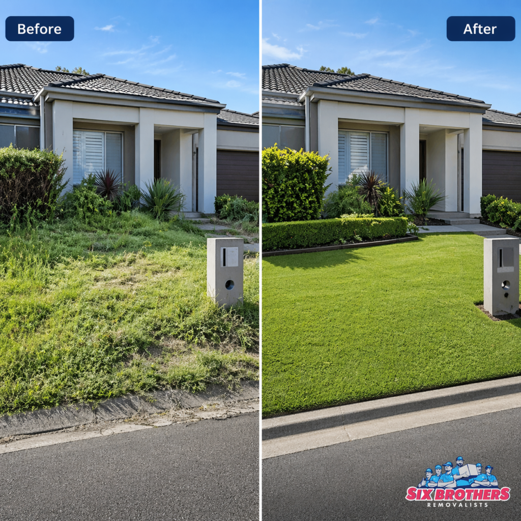What devalues a house image by Six Brothers Removalists showing an overgrown vs tidy front yard
