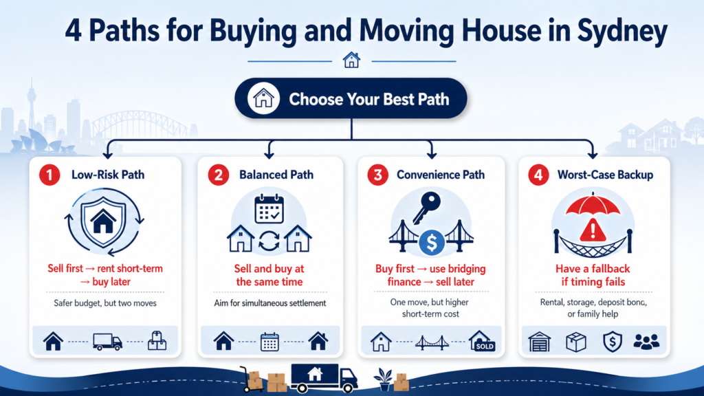 Moving house while buying another property infographic by Six Brothers Removalists showing 4 strategy paths