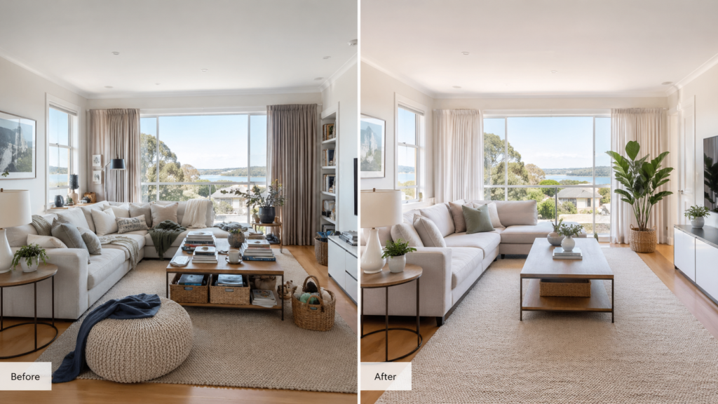 Moving house while buying another property image by Six Brothers Removalists showing staged Sydney living room