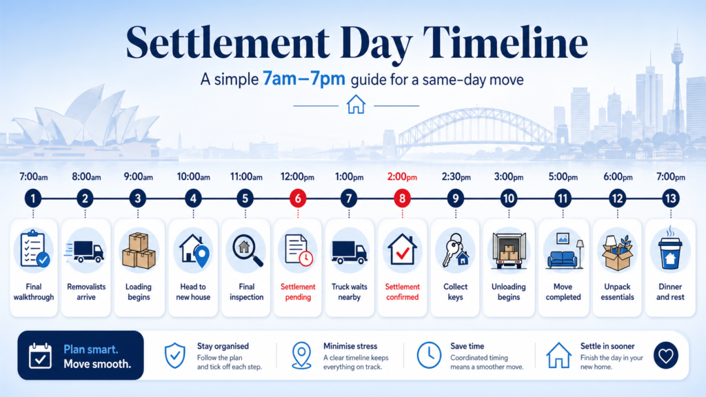 Moving house while buying another property timeline by Six Brothers Removalists showing 7am to 7pm move stages