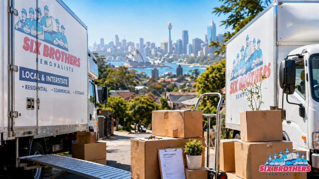 Buying and moving at the same time with Six Brothers Removalists trucks, boxes, keys, and Sydney skyline
