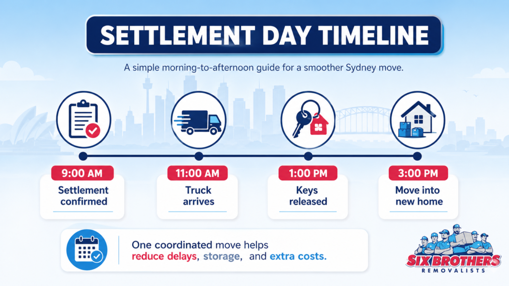 Buying and moving at the same time timeline graphic with settlement day steps and truck icon by Six Brothers