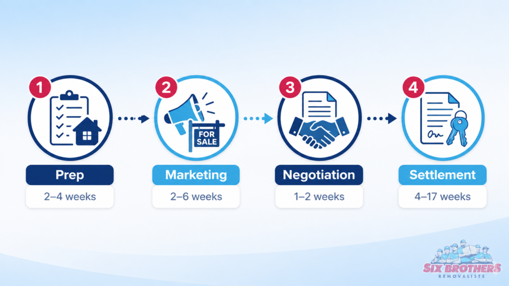 How long it takes to sell a house before moving timeline graphic by Six Brothers Removalists