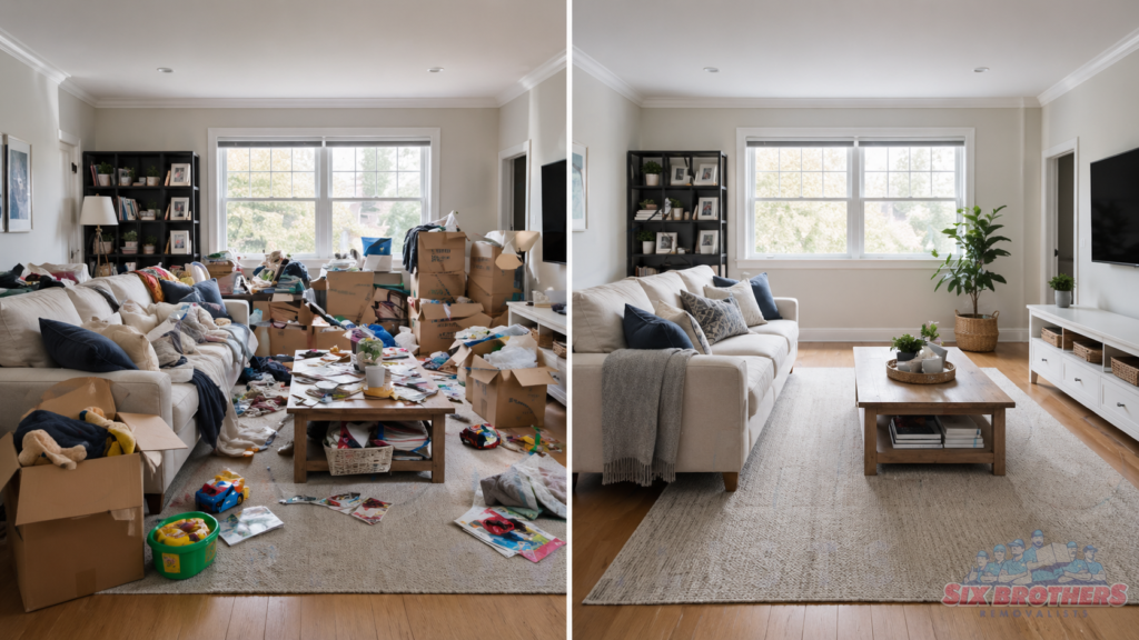 How long it takes to sell a house before moving shown with a before and after living room by Six Brothers Removalists