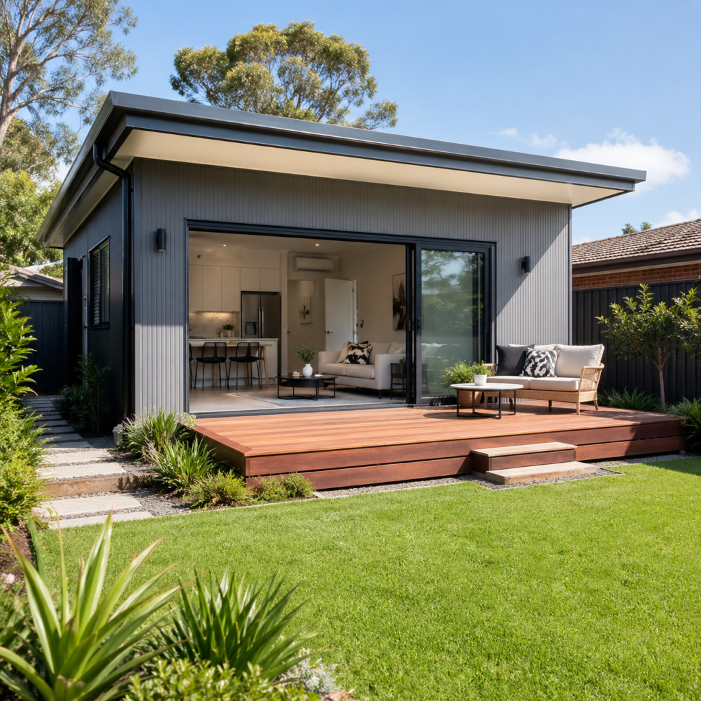 Stylish backyard granny flat showing what adds value to a house for Six Brothers Removalists