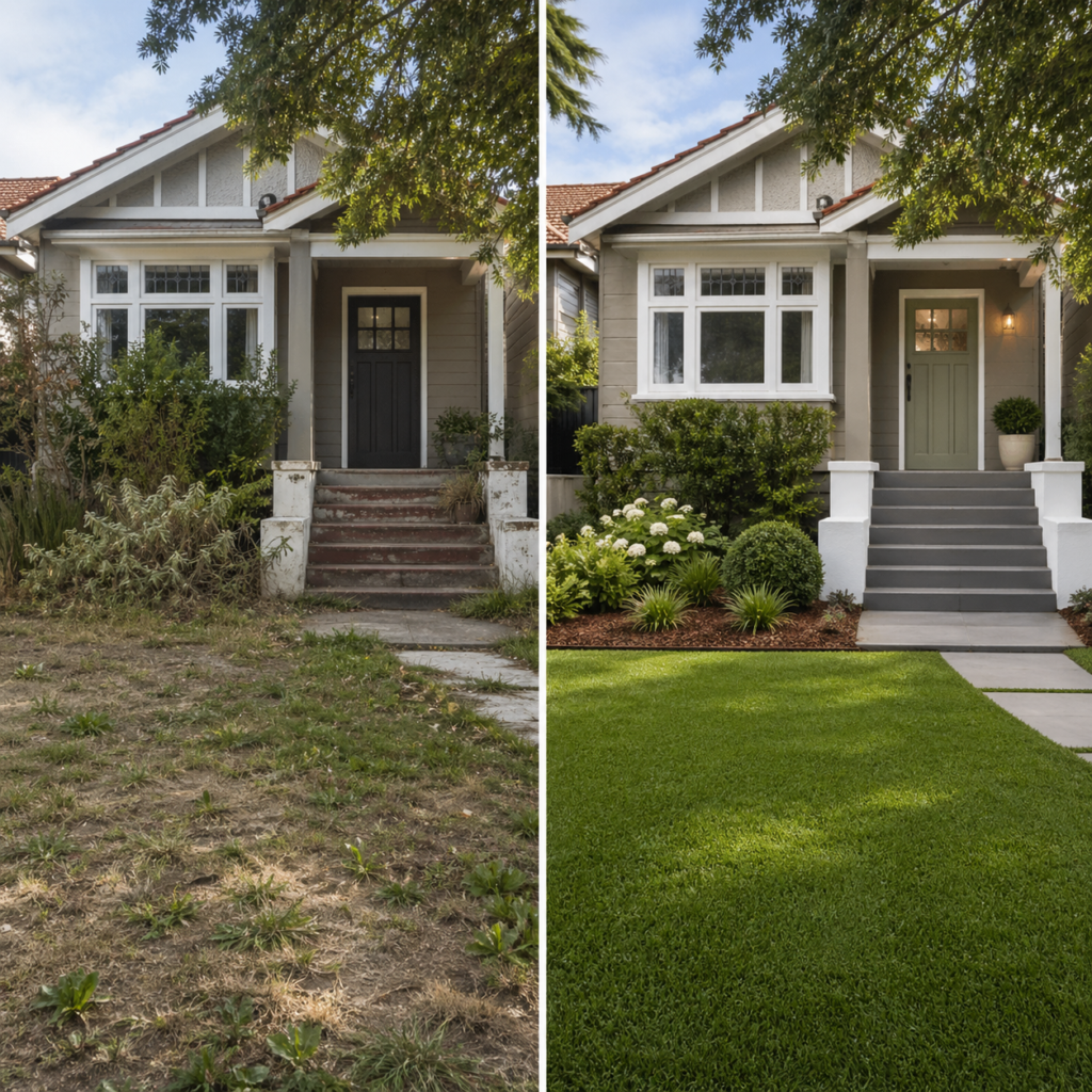 What gives a house the most value image by Six Brothers Removalists showing a front yard before and after