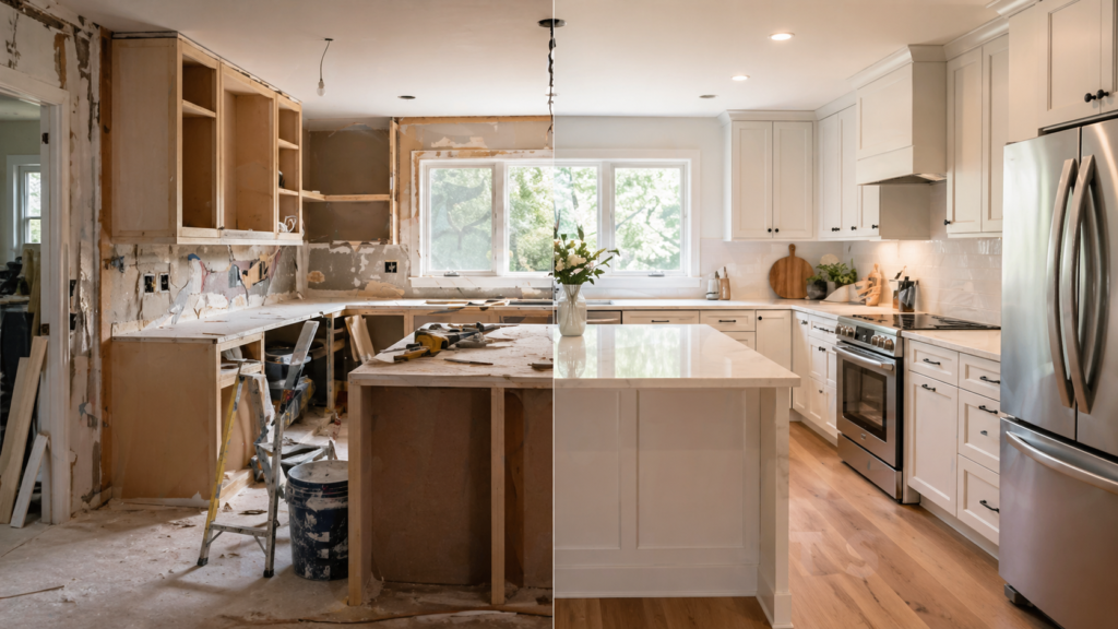 Half-renovated and finished kitchen showing which room in a house is most expensive for Six Brothers Removalists