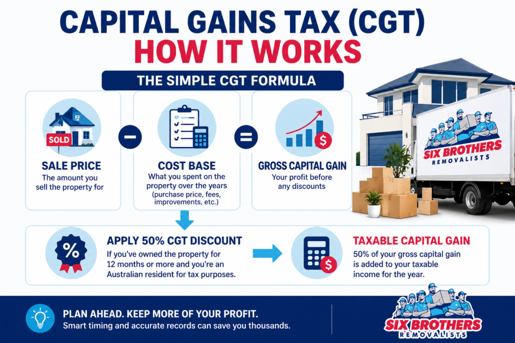 Capital gains tax investment property Australia formula infographic by Six Brothers Removalists