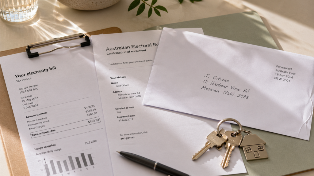 Main residence exemption proof documents with utility bill, electoral roll letter and keys by Six Brothers Removalists
