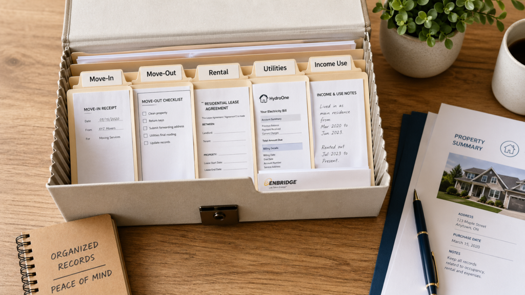 Main residence exemption records folder with move-in, move-out, rental and utility tabs by Six Brothers Removalists