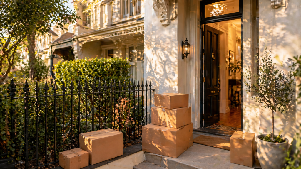 Main residence exemption image with moving boxes outside a Sydney home by Six Brothers Removalists