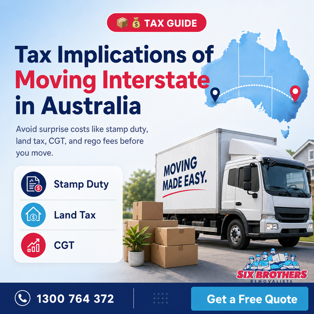 Tax implications moving interstate Australia guide by Six Brothers Removalists with truck, boxes and tax icons