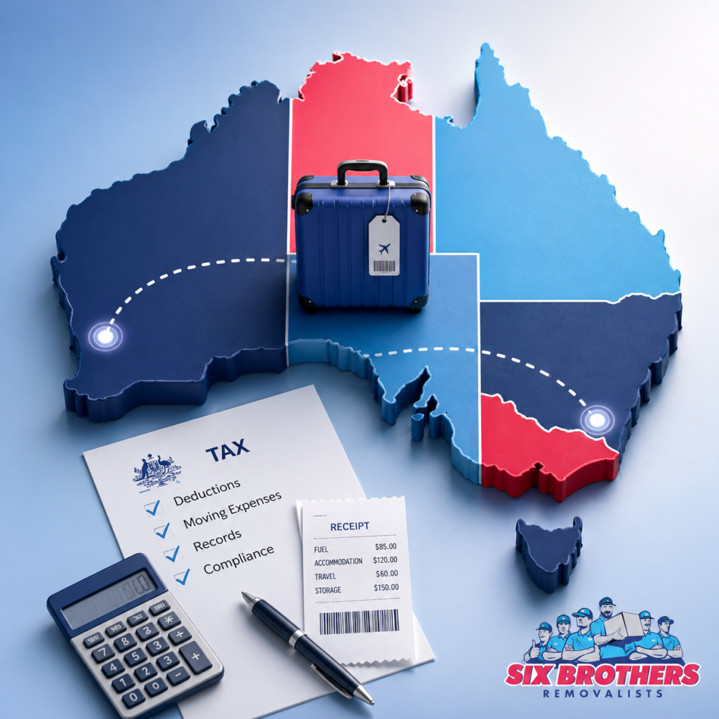 Tax implications moving interstate Australia cover image by Six Brothers Removalists with Australia map and suitcase