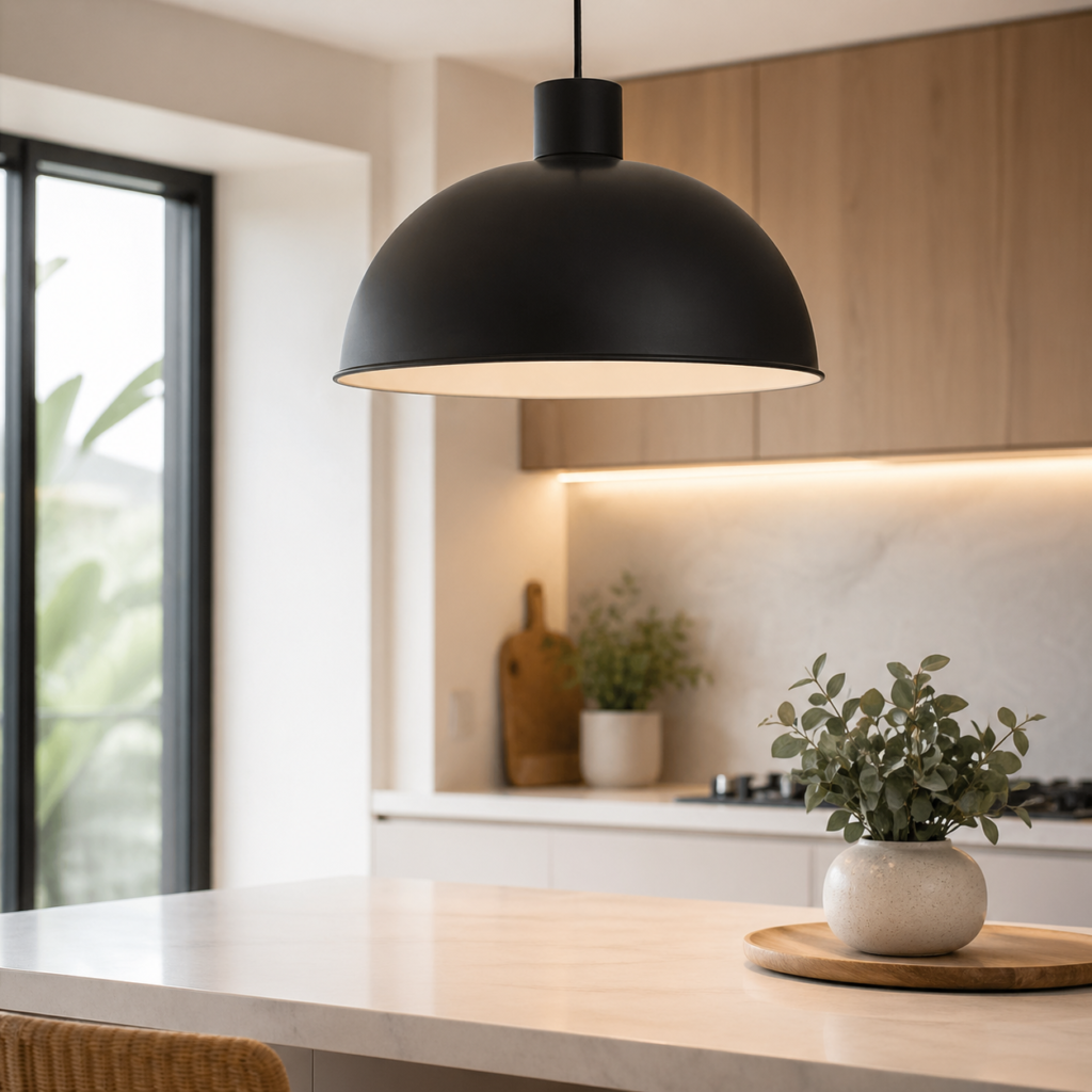 Modern matte black pendant light over a kitchen bench for low-cost upgrades before moving house by Six Brothers Removalists