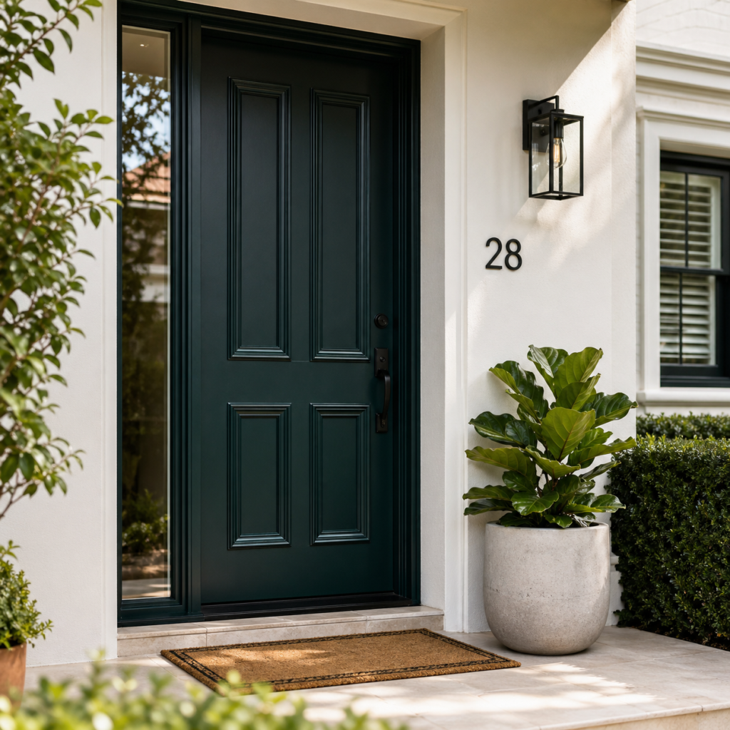 Modern front door curb appeal shot for low-cost upgrades before moving house by Six Brothers Removalists