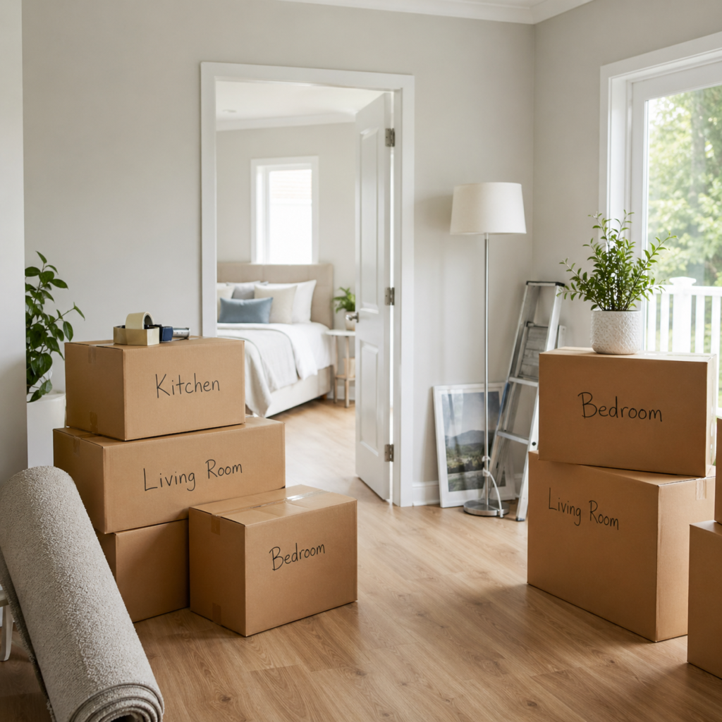Neatly packed boxes in a freshly painted room for low-cost upgrades before moving house by Six Brothers Removalists