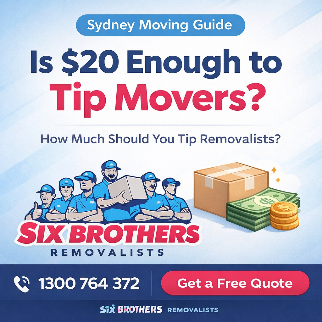Tip movers guide showing $20 tipping advice for Sydney removalists with Six Brothers Removalists branding