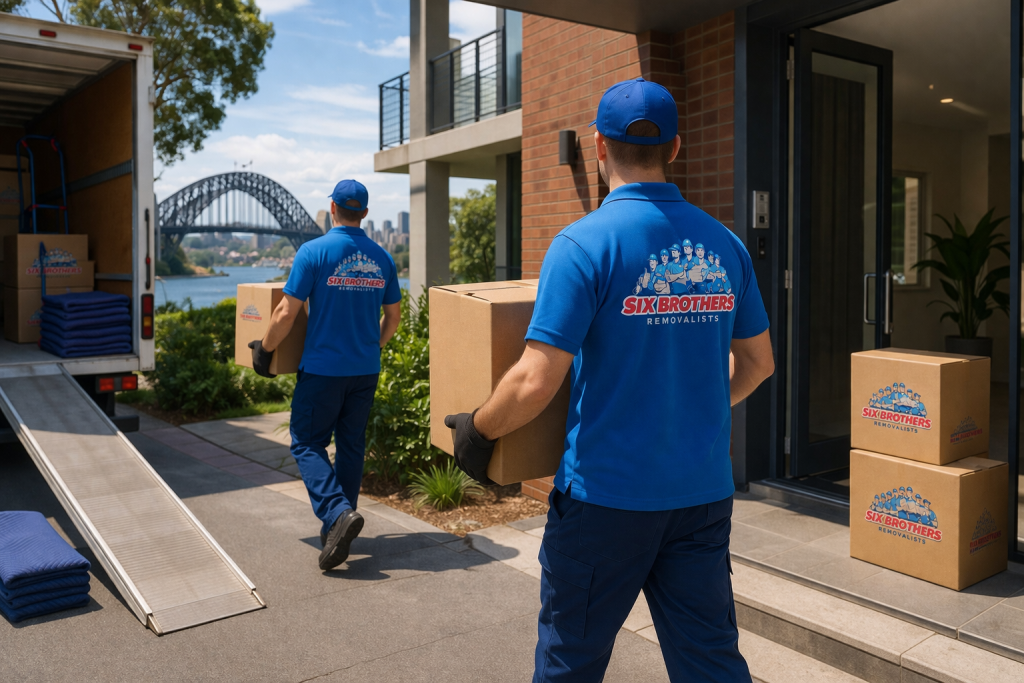 Movers carrying boxes from Sydney apartment building during move by Six Brothers Removalists