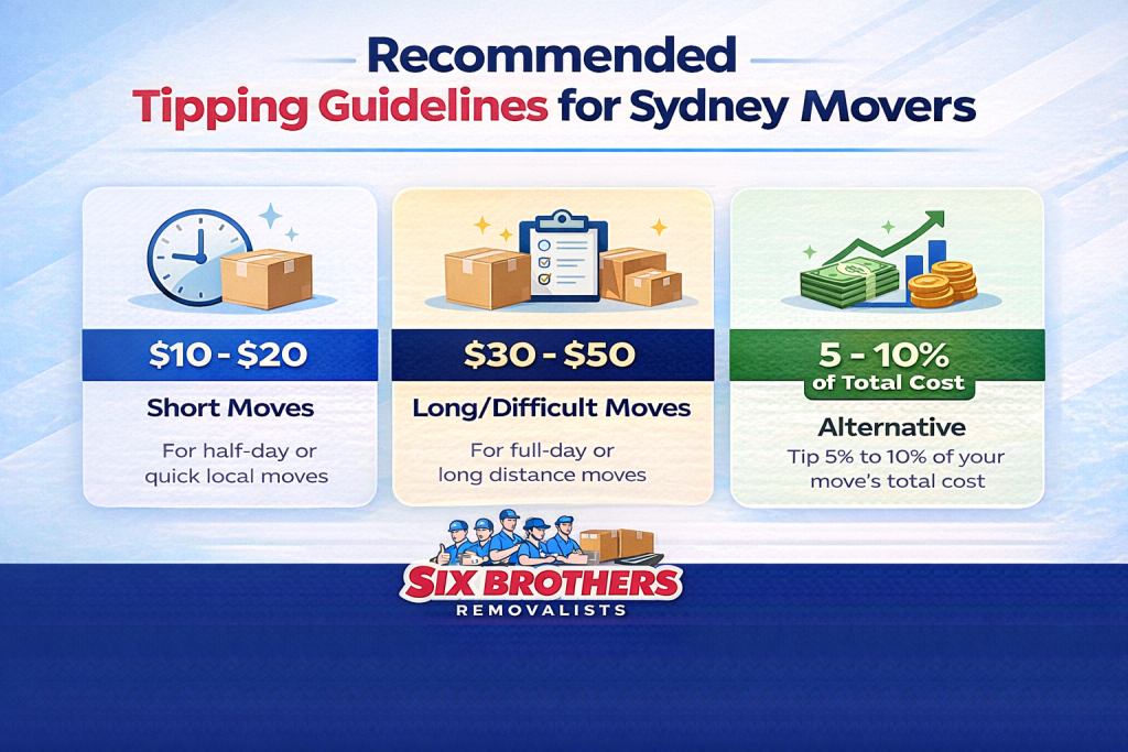 Tipping movers guide showing $10-$50 per mover and 5-10% cost by Six Brothers Removalists Sydney