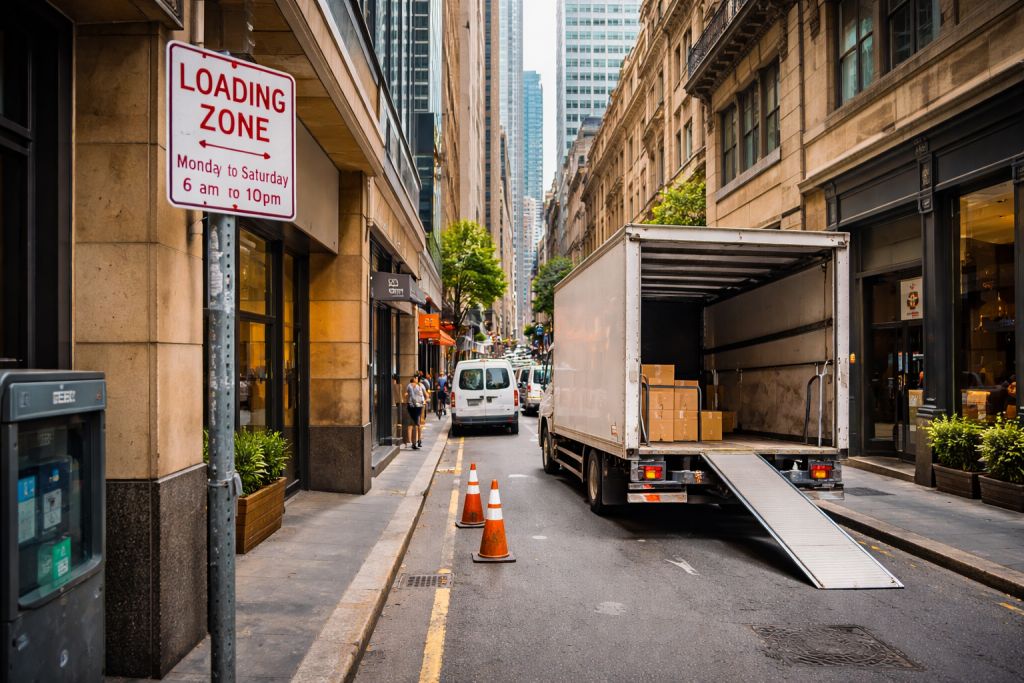 Sydney CBD loading zone with moving truck showing parking challenges for movers by Six Brothers Removalists