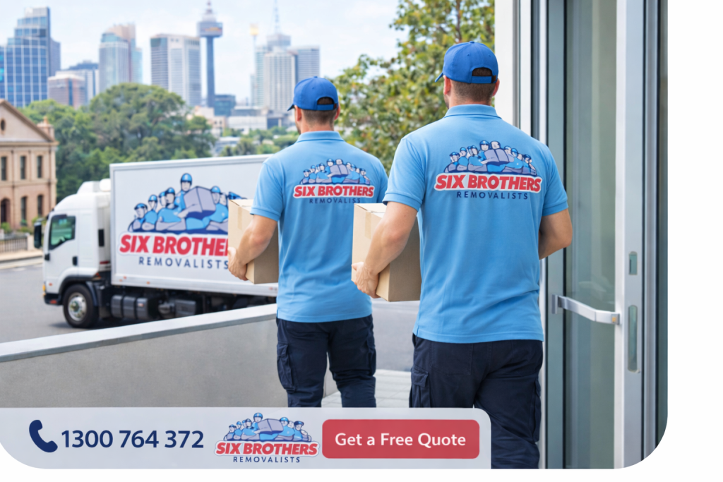 Movers carrying boxes from a Sydney apartment during a move, Six Brothers Removalists professional service