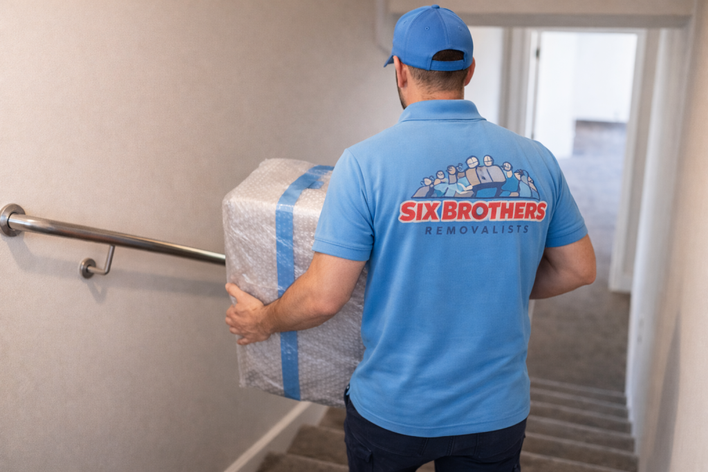 Mover carrying wrapped furniture down stairs in Sydney, careful handling by Six Brothers Removalists team